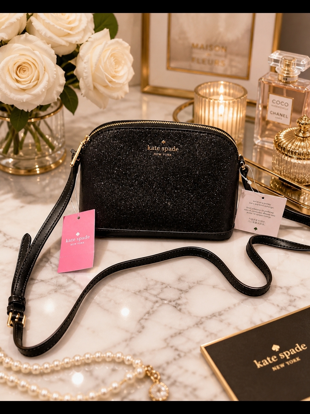 kate spade Black Glitter Dome Crossbody Bag with Gold Hardware